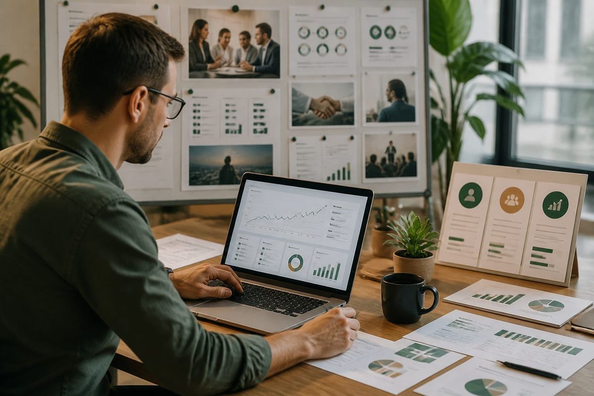 Professional marketer reviewing LinkedIn campaign metrics on a laptop