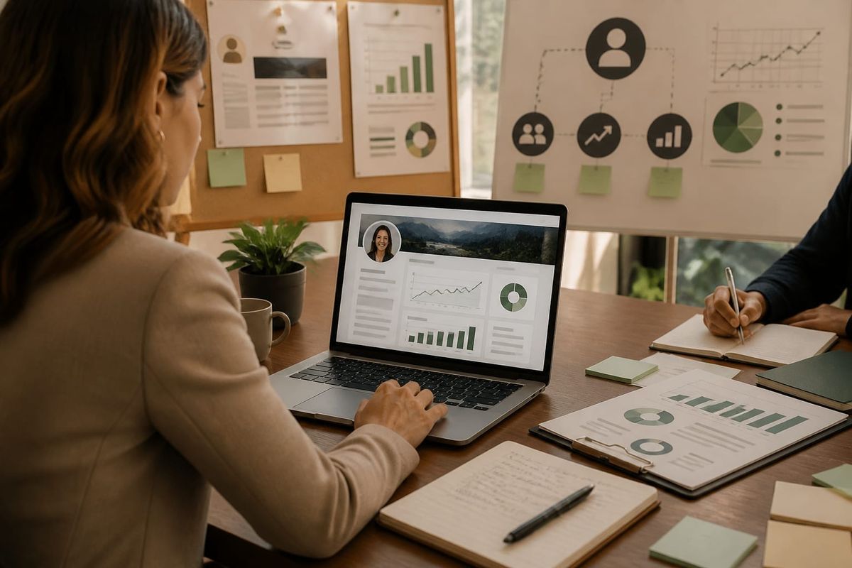 Person optimizing LinkedIn profile on a laptop with analytics on screen