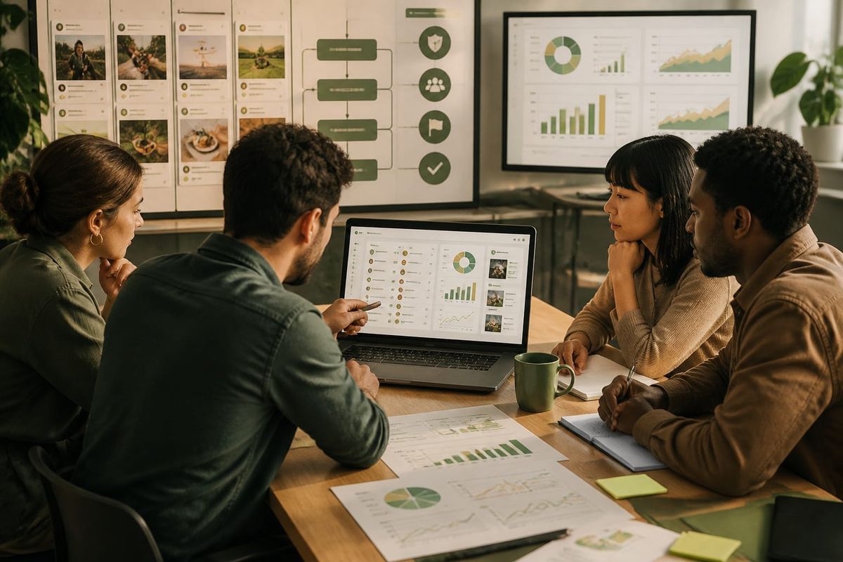 Team reviewing social media moderation dashboard on a laptop