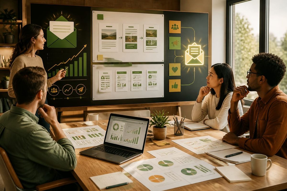 email newsletter back winning inbox creator workspace with metrics dashboard, planning checklist, and campaign board