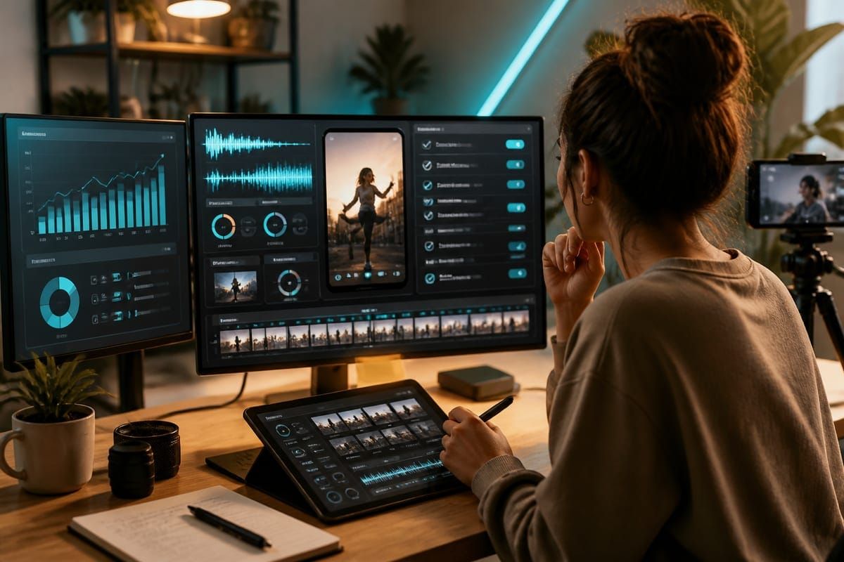 TikTok creator workflow dashboard with AI disclosure checklist, sound selection and growth KPI cards
