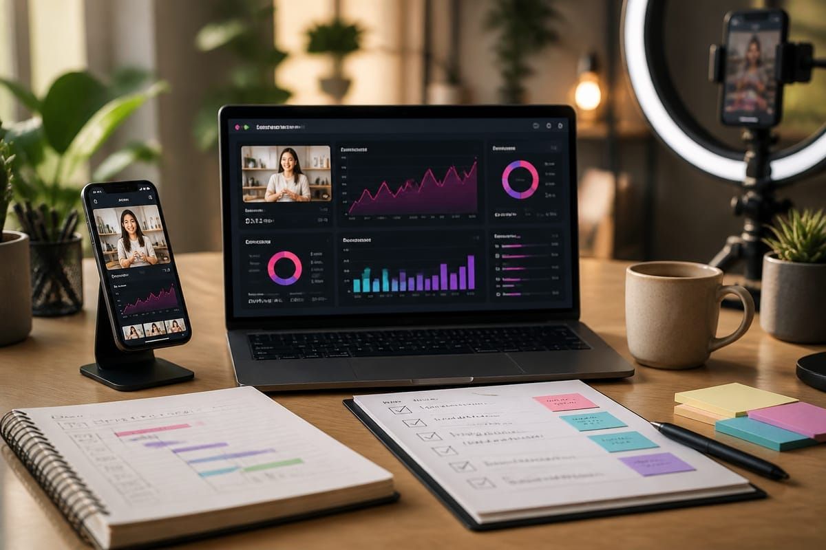 Dashboard showing TikTok analytics metrics and watch time trends on mobile and desktop