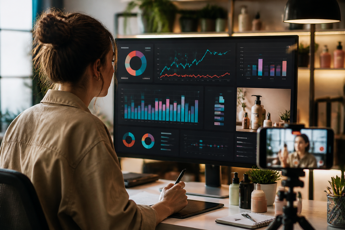 tiktok mierzy wyniki kampanii fmcg short-form creator studio with posting calendar and engagement metrics board