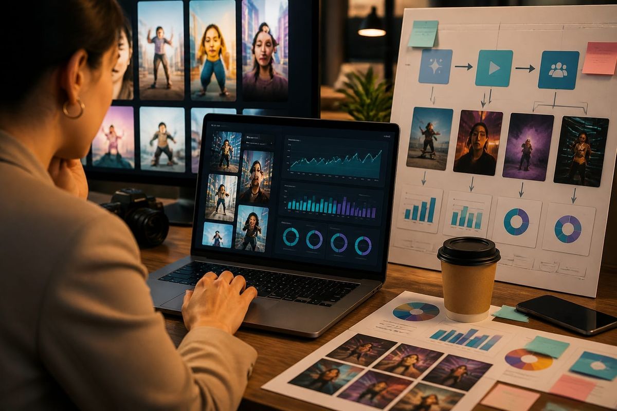Marketer using TikTok Symphony Agent 2026 AI ad tools on a laptop with analytics dashboard
