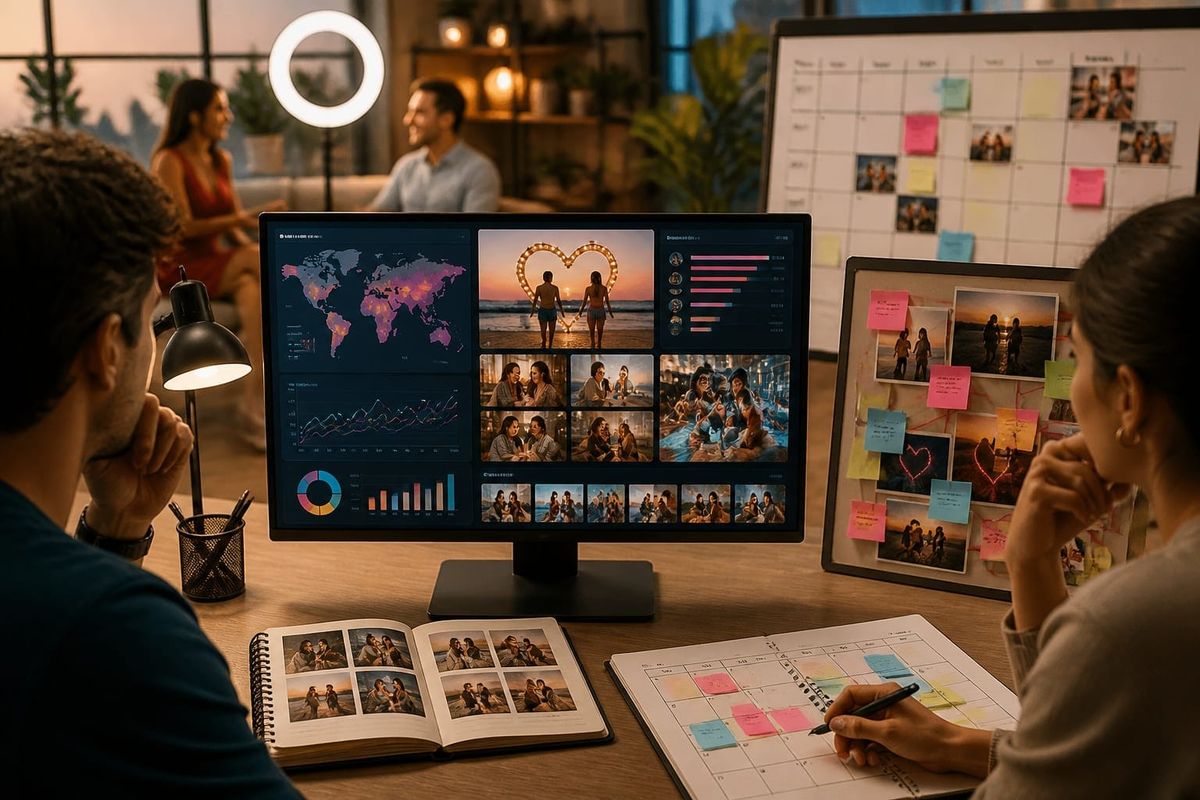 dashboard di pubblico e pianificazione distribuzione con calendario post Tinder TikTok