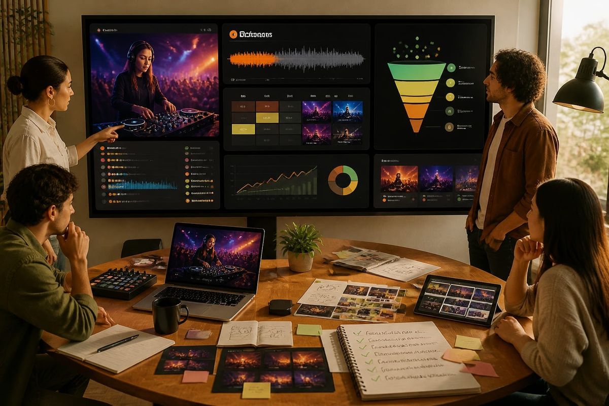 Twitch SoundCloud Sessions creator dashboard with DJ stream calendar, live chat signals, discovery funnel, and social media analytics board