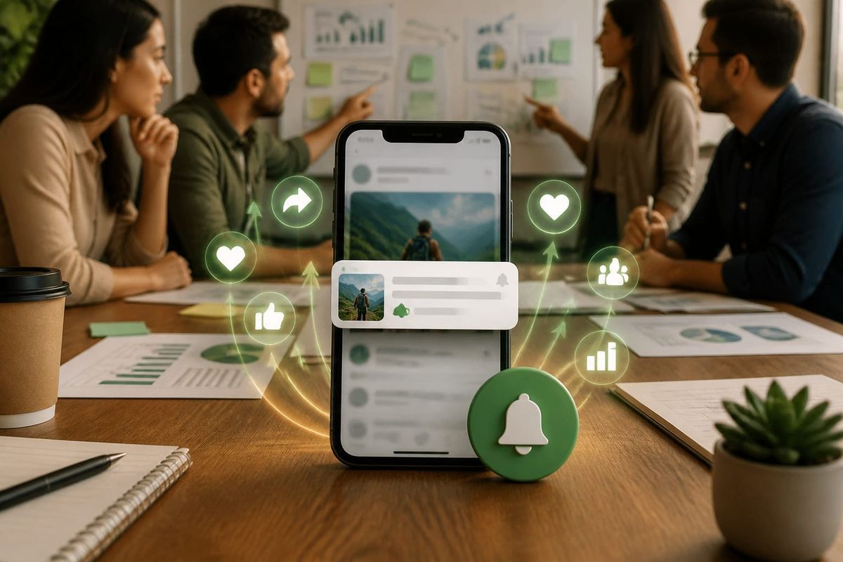 push advertising strategia marketingu mediach creator workspace with metrics dashboard, planning checklist, and campaign board