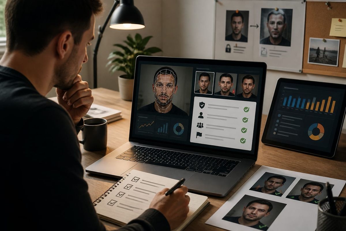Creator reviewing deepfake content moderation checklist on a laptop