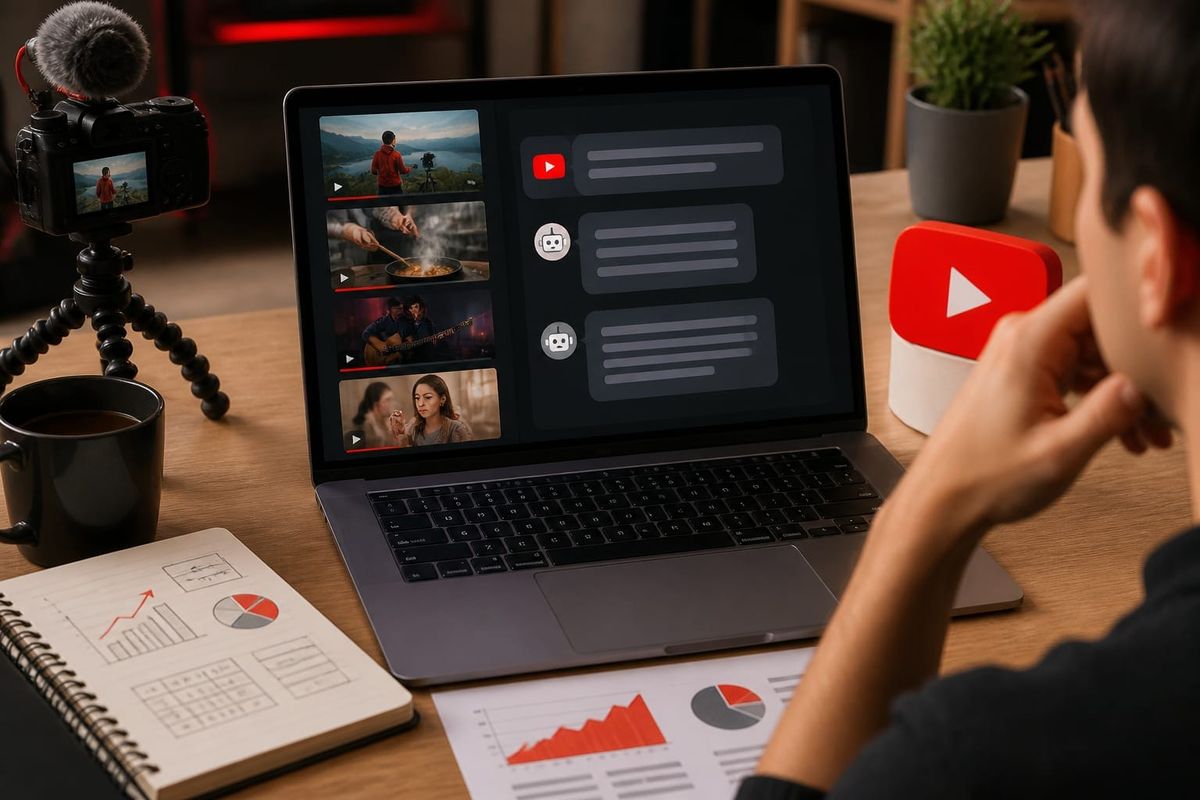 estrategia crecimiento youtube impacto citas video planning desk with performance dashboard and creator workflow board