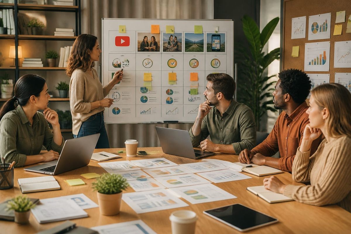 Social team planning a cross-platform content checklist with YouTube notes visible