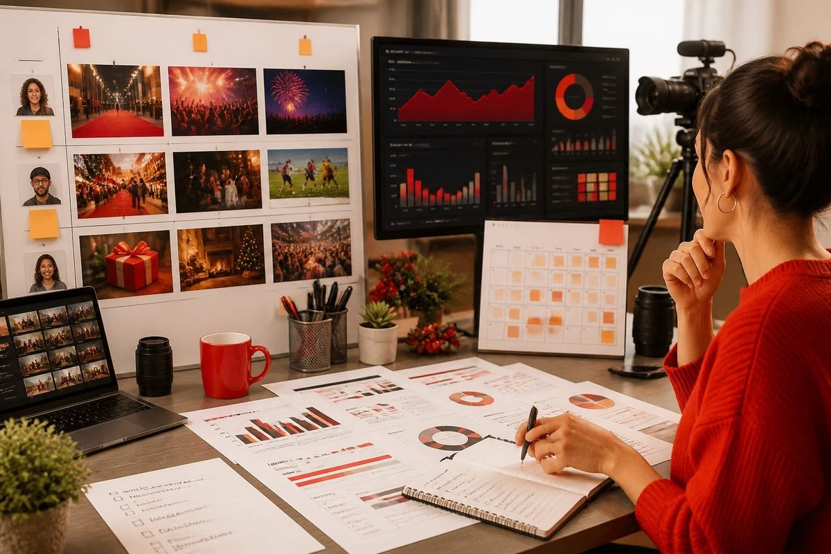 youtube creator workflow event season video planning desk with performance dashboard and creator workflow board