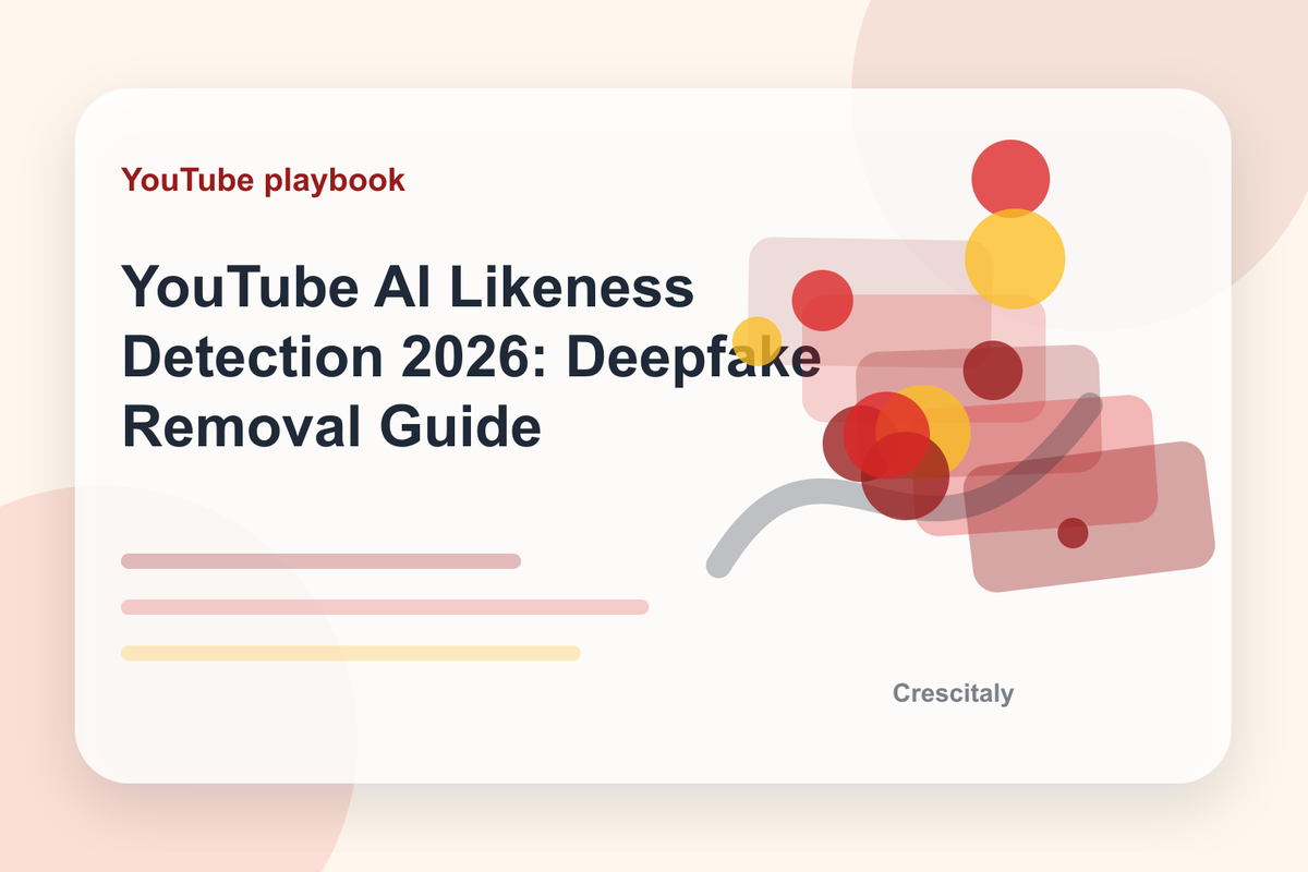 YouTube creator dashboard concept showing AI likeness detection, deepfake review and identity protection workflow.
