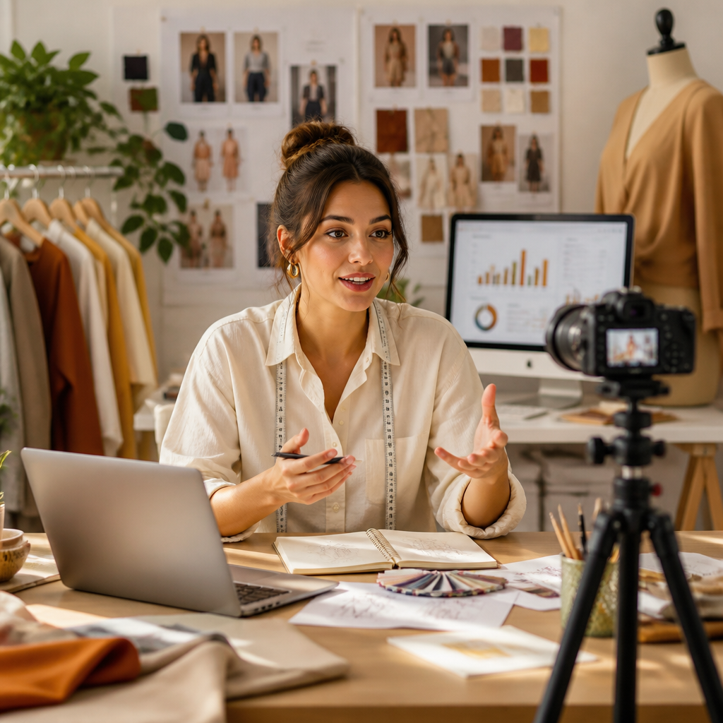 Fashion designer filming a sewing tutorial in a studio with camera and sewing mannequin