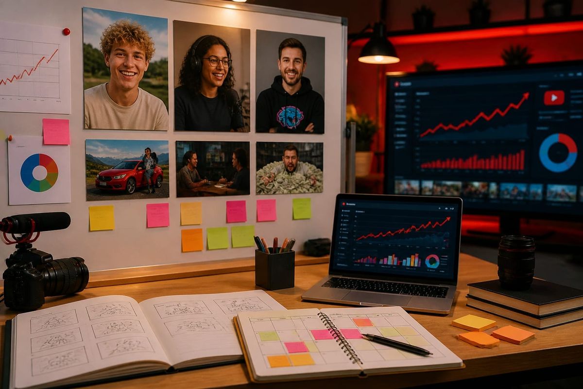 youtube lessons trahan mrbeast video planning desk with performance dashboard and creator workflow board