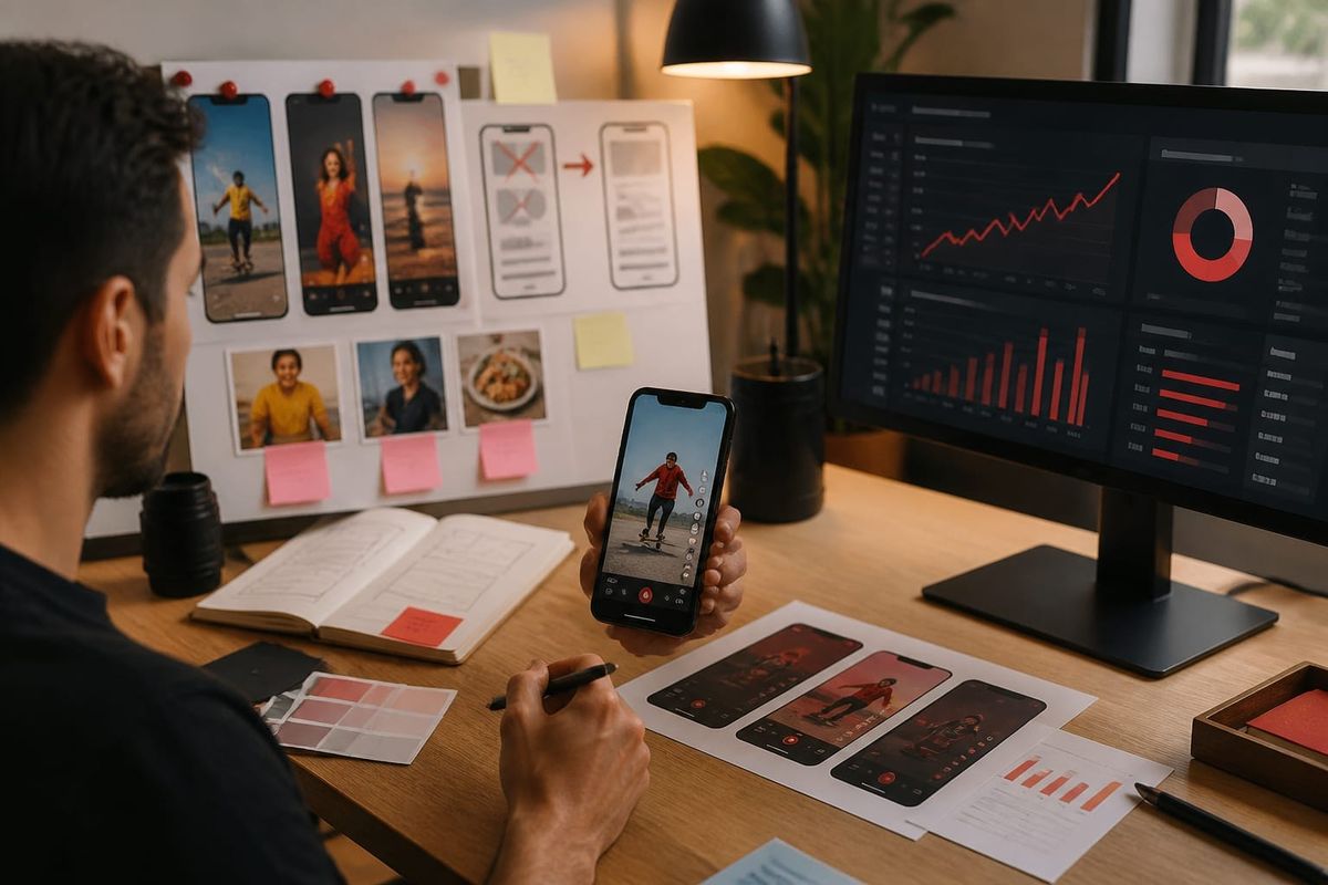 estrategia crecimiento youtube shorts nuevo video planning desk with performance dashboard and creator workflow board