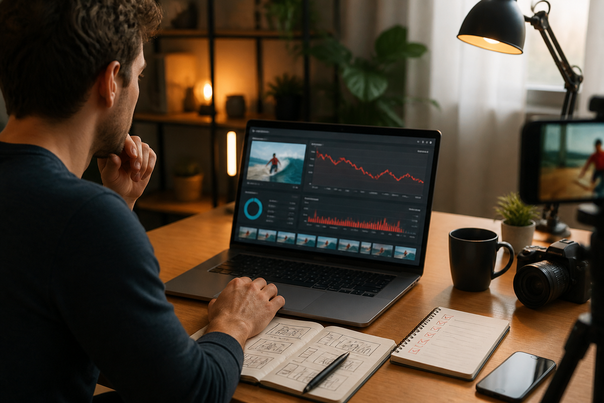 Creator analyzing YouTube Shorts retention metrics on a laptop dashboard