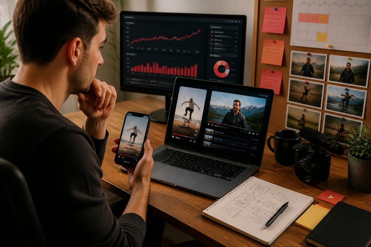 strategia crescita youtube shorts contenuti video planning desk with performance dashboard and creator workflow board