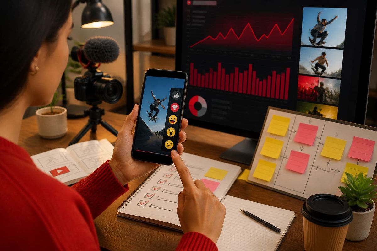 actualizaciones youtube shorts reacciones crecimiento video planning desk with performance dashboard and creator workflow board