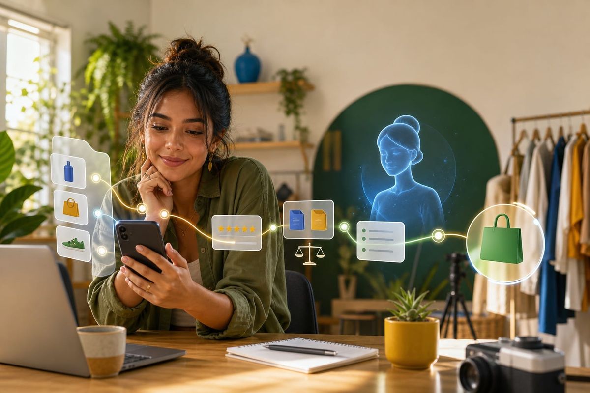 Workspace com smartphone e dashboard mostra creator, IA e o novo funil de influência no Brasil após o dado de 42%.