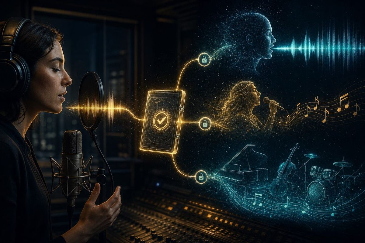 A human voice waveform branching into speech, singing and music while a transparent consent record stays attached