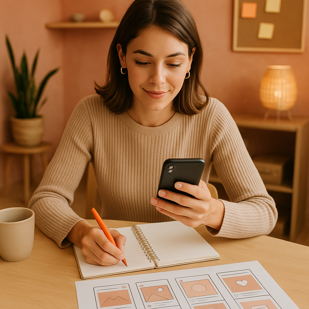 Una persona sosteniendo un smartphone que muestra la aplicación de Instagram, con superposiciones digitales futuristas que sugieren datos del algoritmo y métricas de crecimiento.