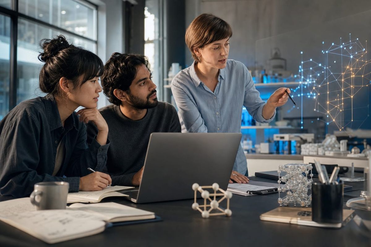 ChatGPT academic researchers AI workflow in a university lab with a laptop, scientific models, verification notes and human review