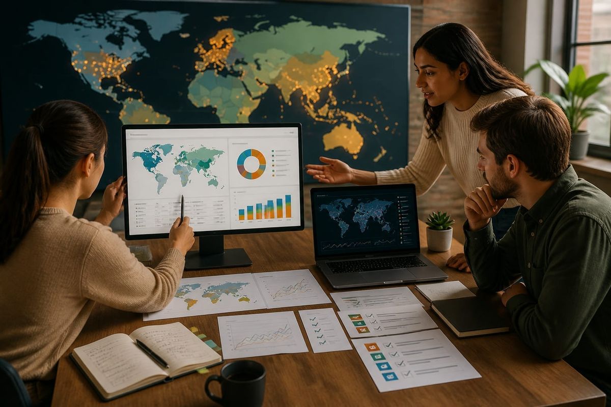 Multilingual AI visibility workspace with ChatGPT query map, source checklist, and global audience dashboard