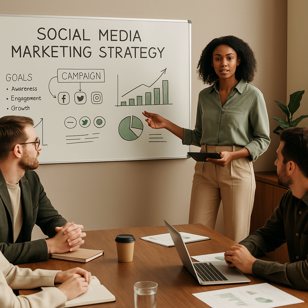 AI chatbot interface on a screen with social media icons in the background, representing ChatGPT's role in social media marketing.