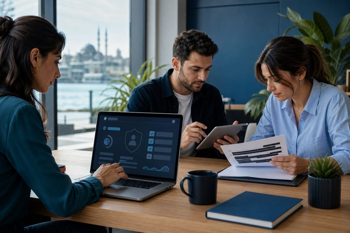 Laptop screen üzerinde Claude sohbetleri ve Google gizlilik kontrolü yapan Türk içerik ekibi, güvenli checklist ve workflow panosu