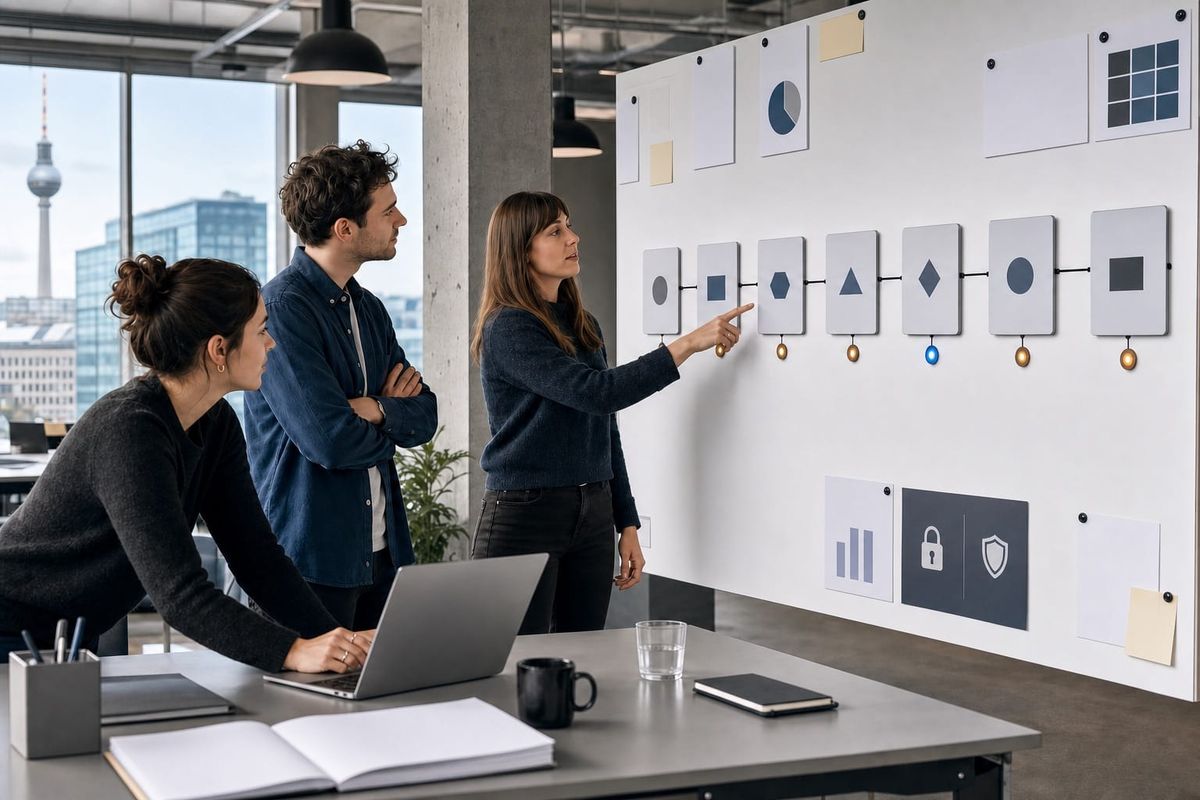 Deutsches Startup-Team plant einen KI-Agenten-Pilot auf einem Workflow-Board mit sieben Schritten, Freigaben, Datenkontrollen und Marketingmetriken