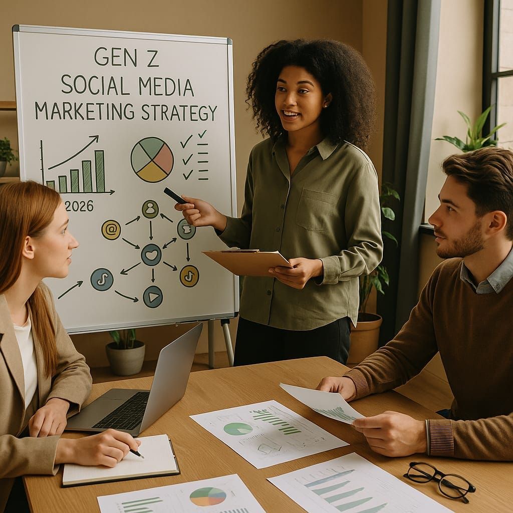A diverse group of Gen Z individuals interacting with social media on their phones, with digital overlays representing various platforms.