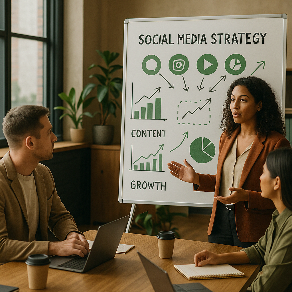 Una persona che gestisce abilmente più account di social media su laptop e telefono, illustrando una strategia di social media marketing professionale e moderna.