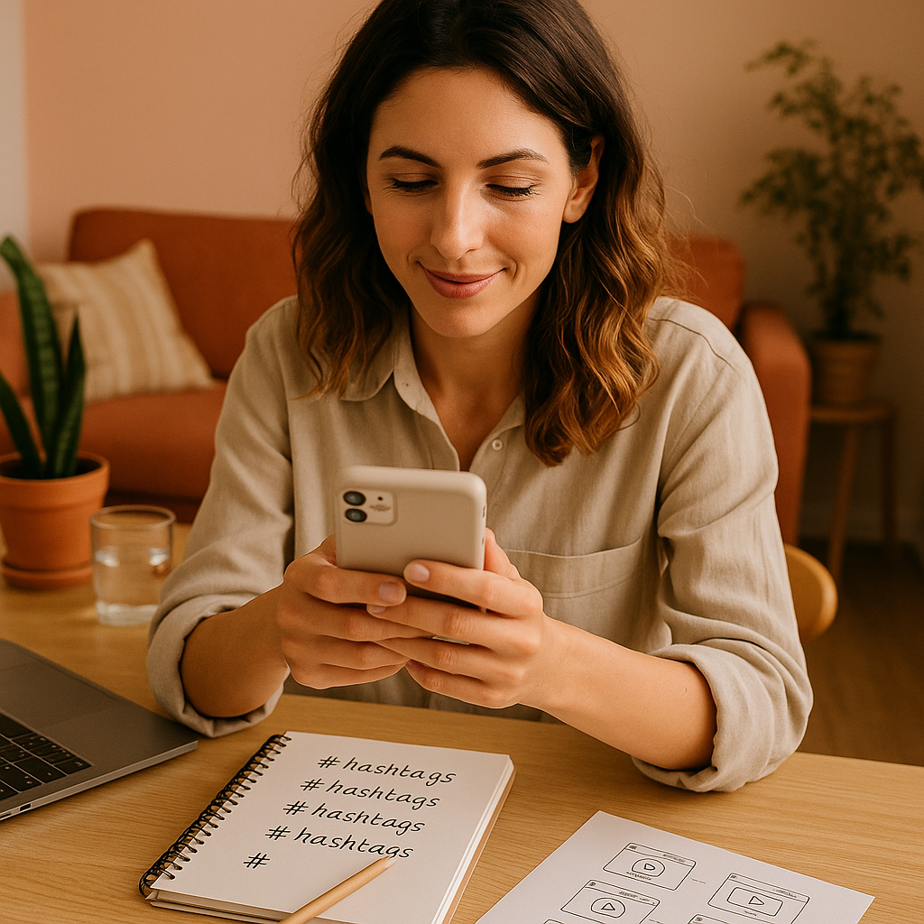 Uno smartphone che mostra un Instagram Reel con vari hashtag pertinenti sovrapposti, a simboleggiare maggiore engagement e crescita.