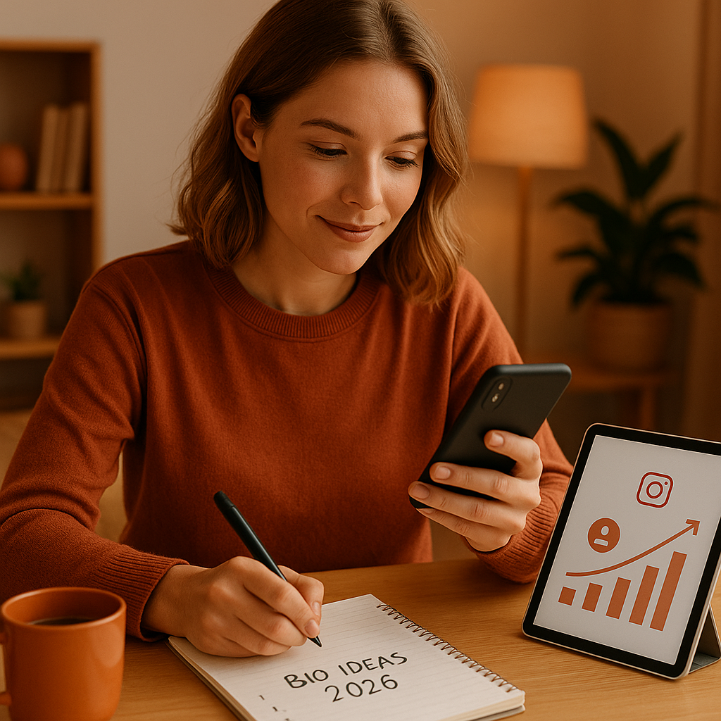 Uno schermo di smartphone che mostra vari esempi creativi di bio Instagram per il 2026, con emoji e call-to-action.