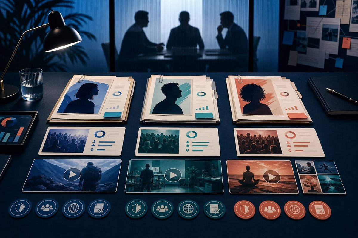 Mesa de casting B2B con tres expedientes de creators comparados por experiencia, audiencia, prueba editorial y derechos de uso