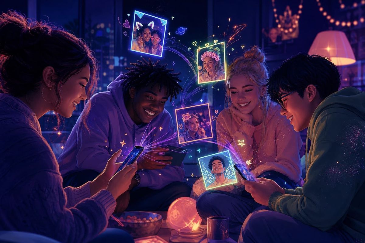 Small trusted friend circle creating playful AI selfies together outside a public social feed