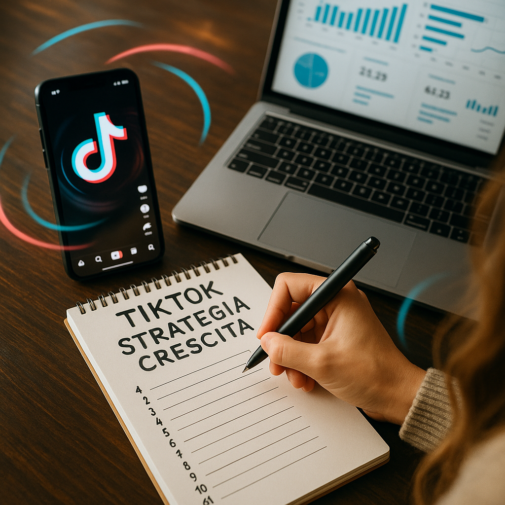 Uno smartphone che mostra l'interfaccia dell'app TikTok con varie idee creative di nomi utente sullo schermo, che simboleggiano crescita e coinvolgimento.