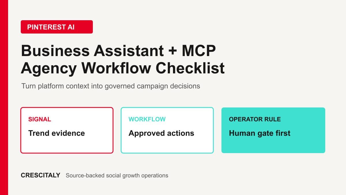 Pinterest Business Assistant and MCP agency workflow with signal, approved actions, and human gate panels