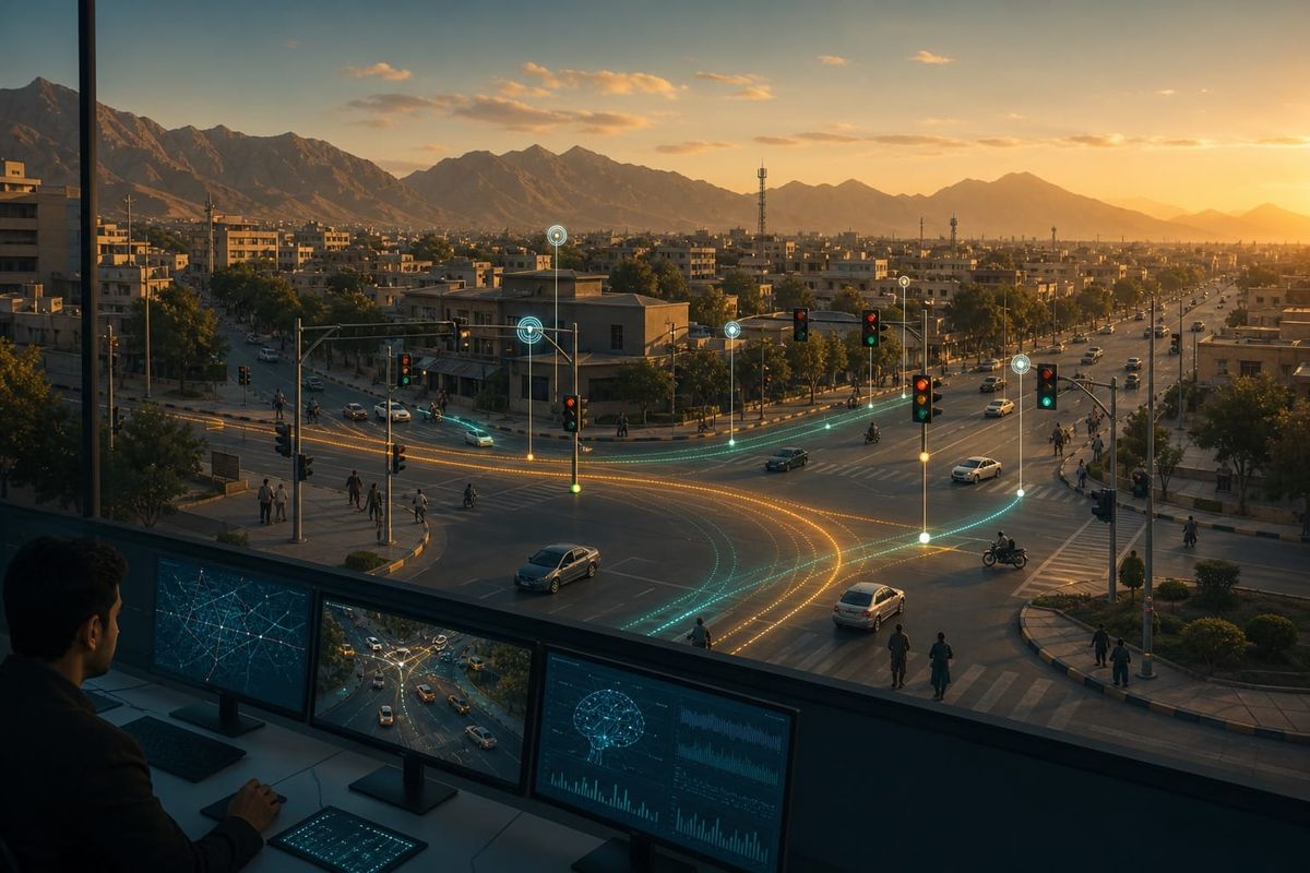 Quetta intersection dashboard with AI traffic signals, traffic-flow charts and a Pakistan smart-city rollout checklist for public review