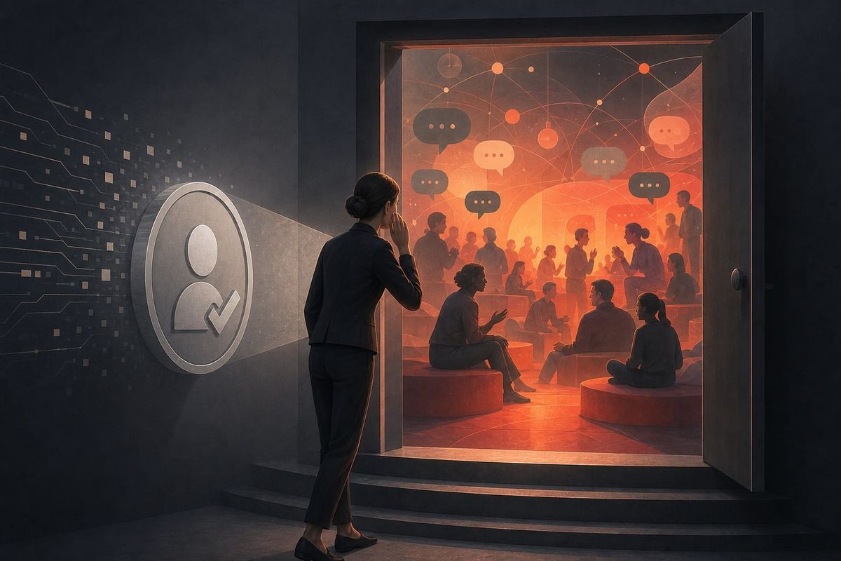 A verified grey profile badge opening a door into a Reddit-style community where trust still has to be earned