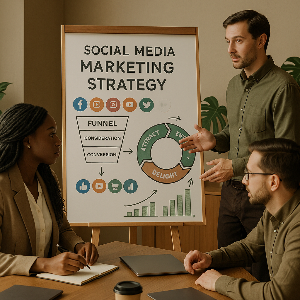 Illustration depicting a social media marketing flywheel with 'Attract', 'Engage', and 'Delight' phases, replacing a traditional funnel.