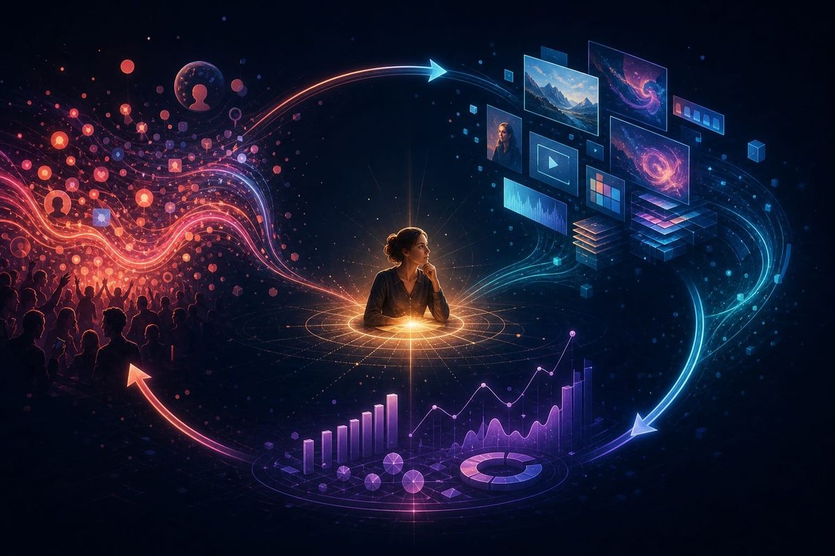 Editorial illustration of an AI social operations loop connecting cultural signals, human approval and campaign action
