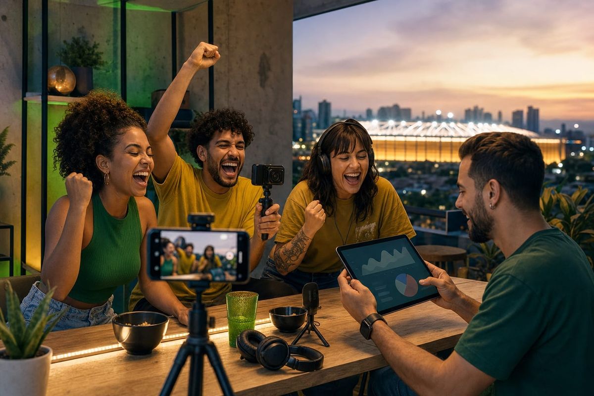 Creators brasileiros em workflow TikTok Copa do Mundo 2026 com vídeo social, produção colaborativa e métricas de comunidade