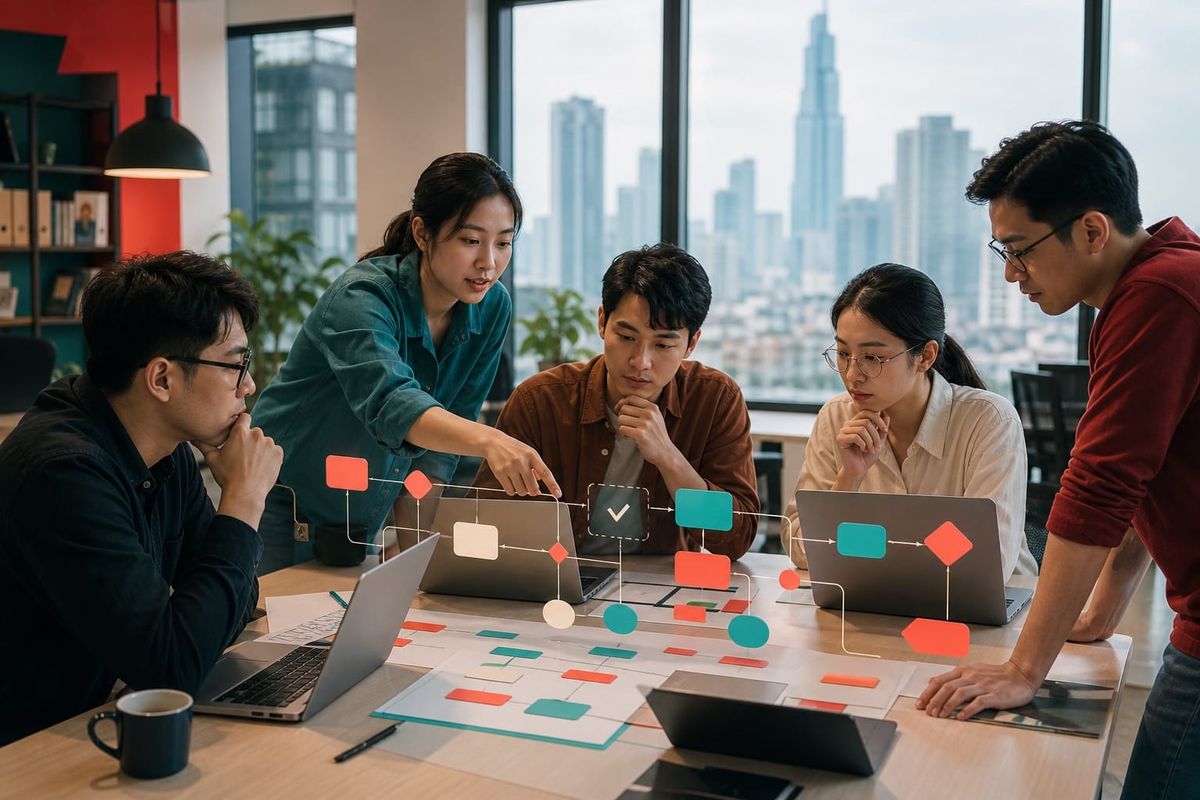Vietnam AI Agent tech jobs workflow board showing 18 percent project share, OpenAI model cards, approval gates and team metrics