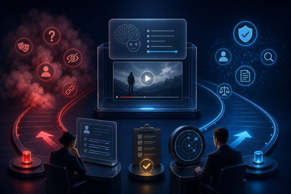 Mythos-vs.-Fakten-Labor für YouTube-KI-Labels mit Prüfstationen für Offenlegung und Freigabe