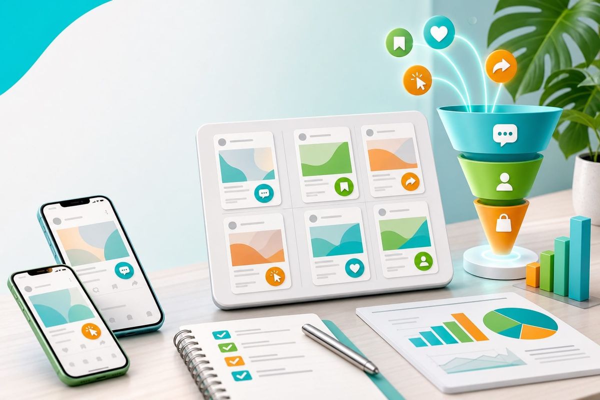 Metricool social media CTA dashboard với checklist chuyển đổi, ma trận thử nghiệm và biểu đồ đo lường