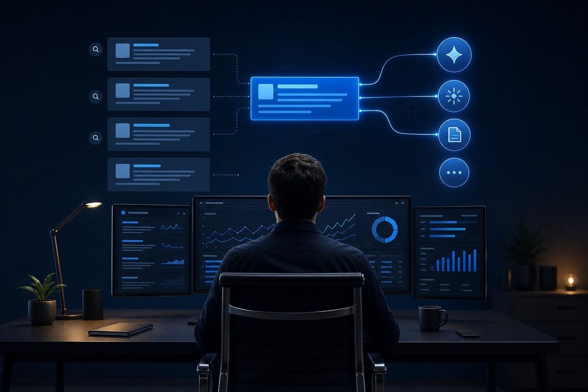 dashboard showing Google Search Console AI impressions report and a social campaign checklist