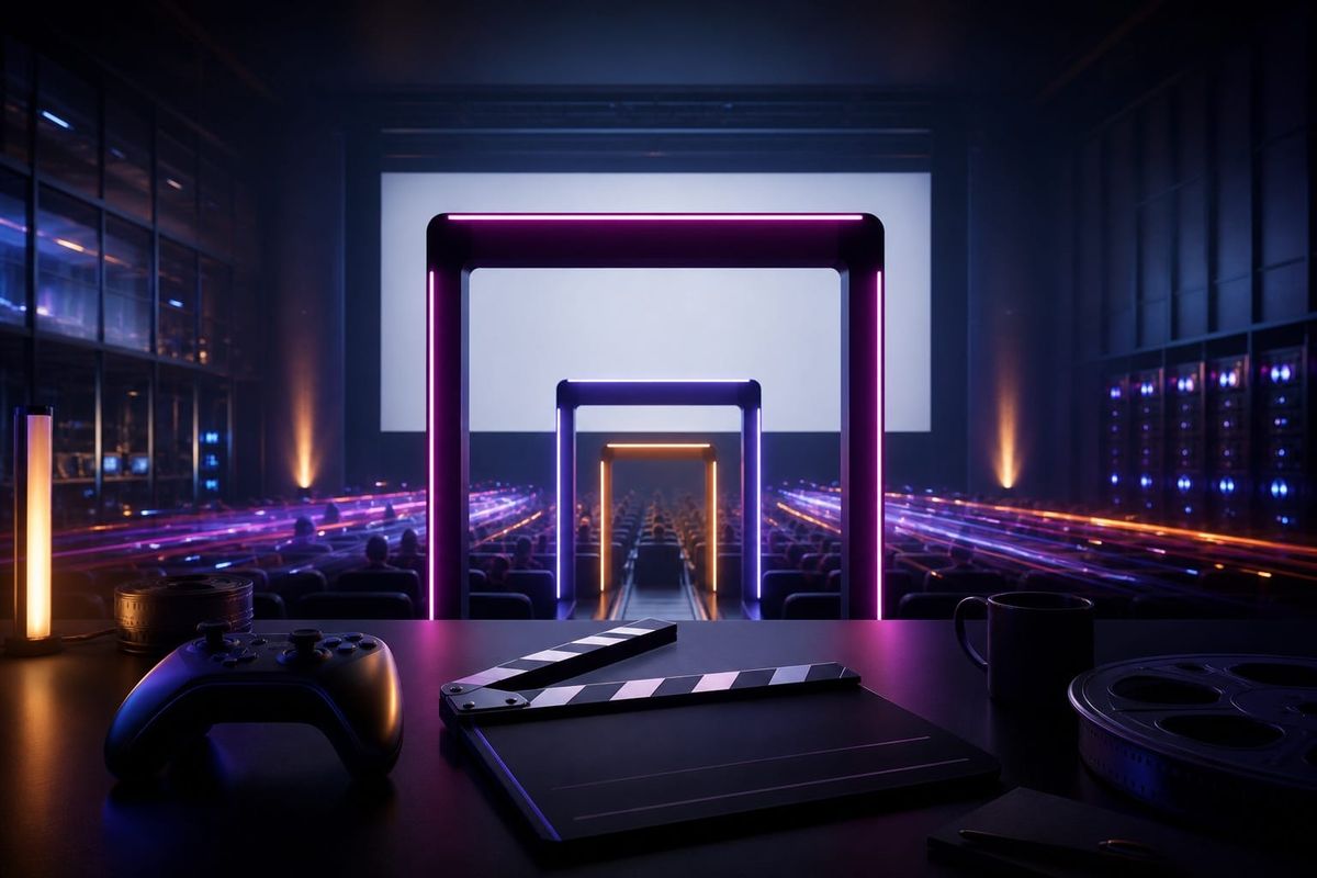 Pantalla (screen) de cine sin marcas, mando y puertas luminosas para un estreno por ventanas entre Netflix y YouTube