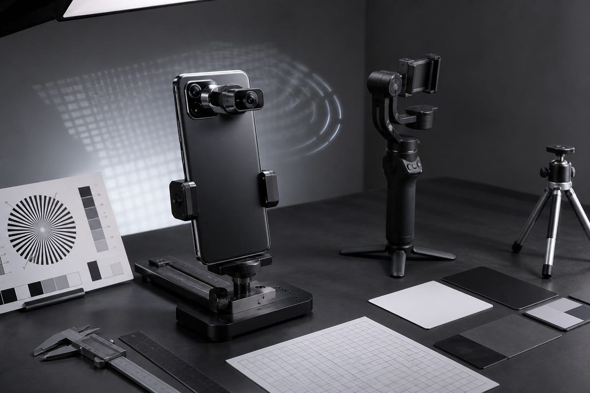 Ungebrandetes Smartphone mit mechanischem Kamera-Gimbal auf einem neutralen Creator-Testplatz