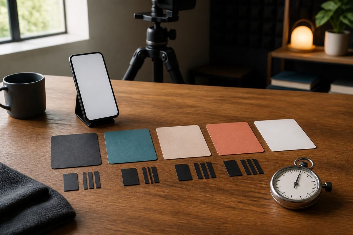 Studio sem marca para testar cortes de vídeo do Instagram First Draft em cinco Reels com smartphone, cartões e cronômetro